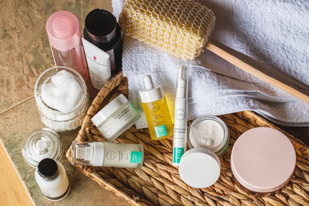 Makeup and skincare products on a vanity
