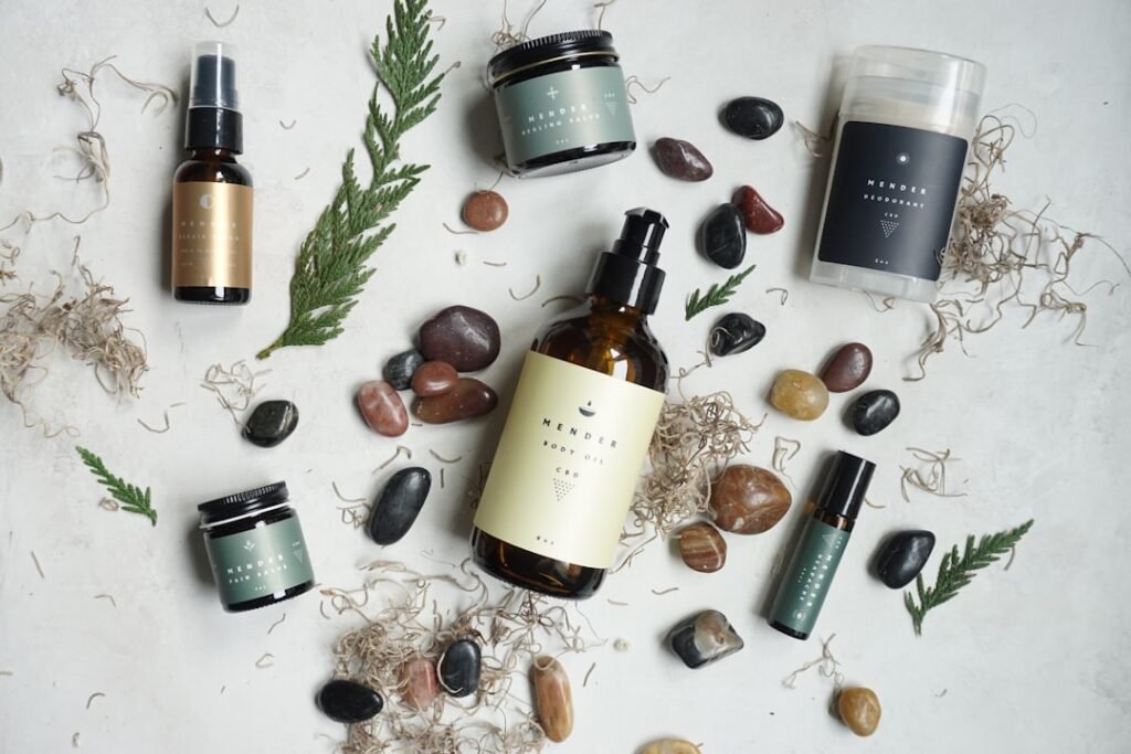 Makeup and skincare products on a vanity