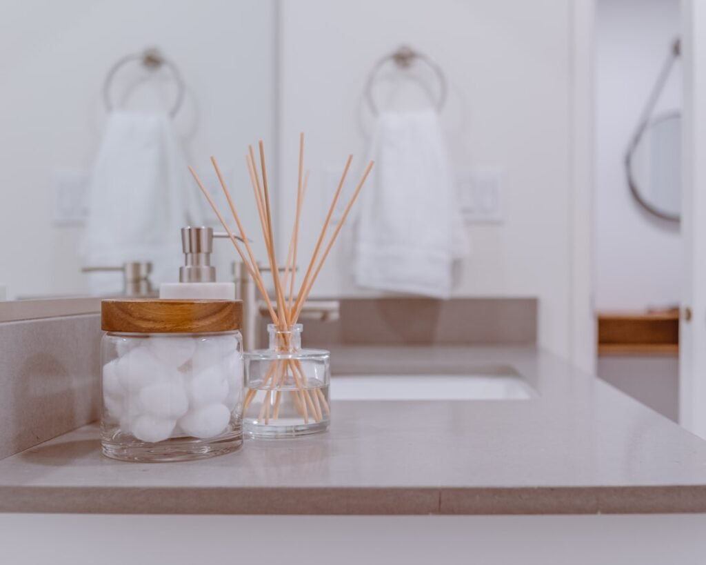 Makeup and skincare products on a vanity