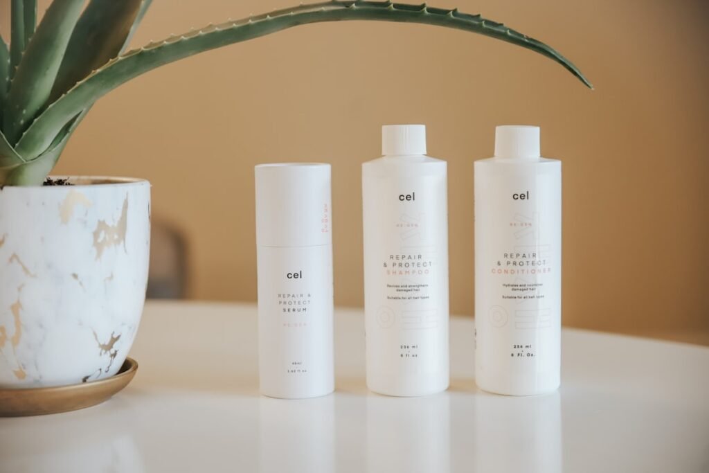 Makeup and skincare products on a vanity