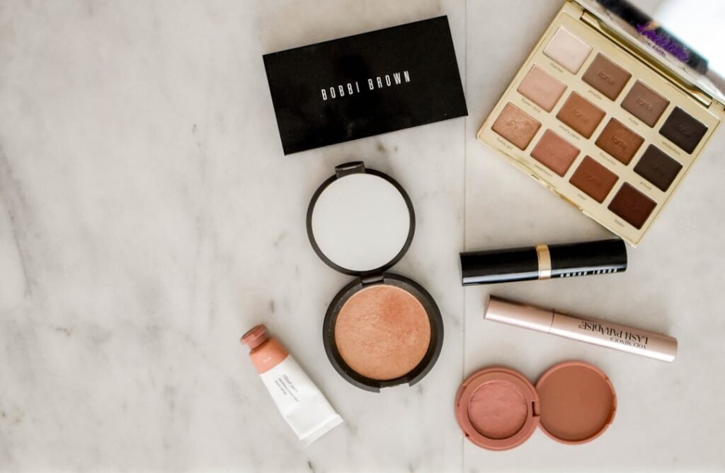 Makeup and skincare products on a vanity