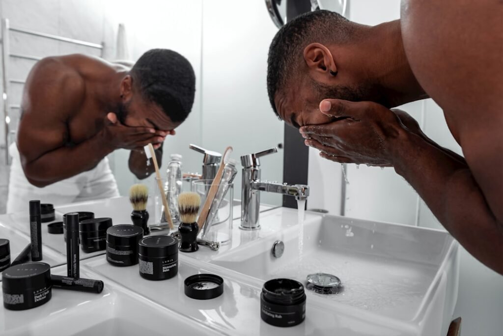 Makeup and skincare products on a vanity