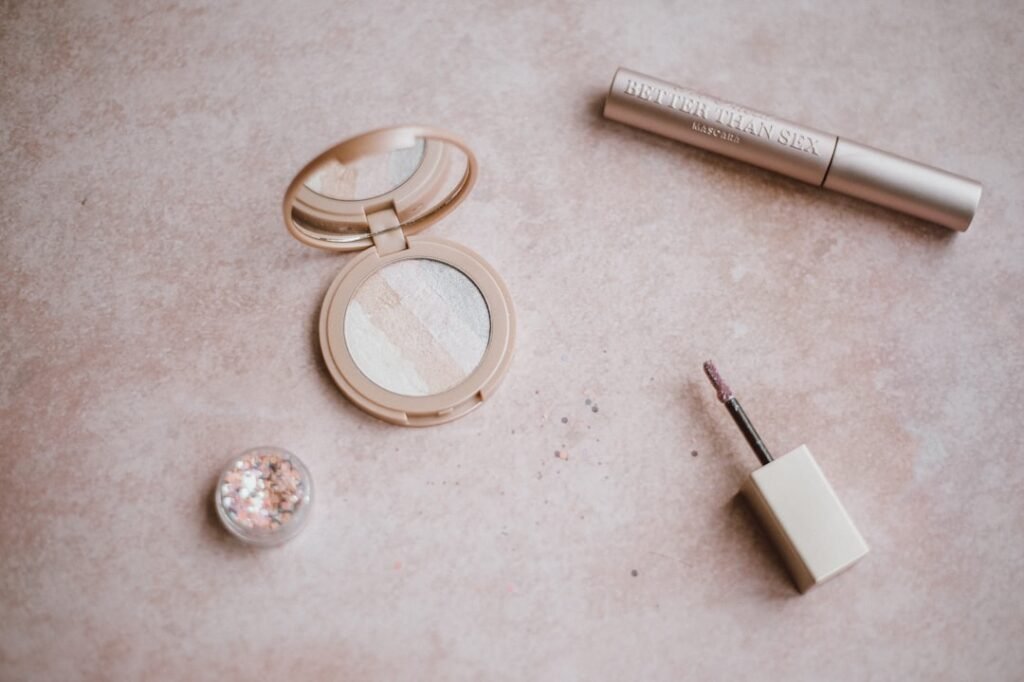 Makeup and skincare products on a vanity