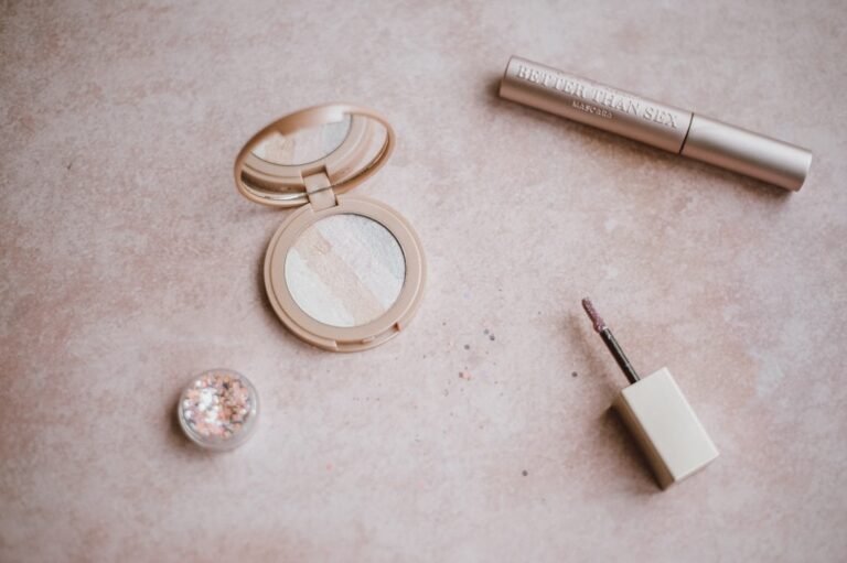 Makeup and skincare products on a vanity