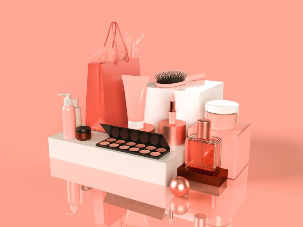Makeup and skincare products on a vanity