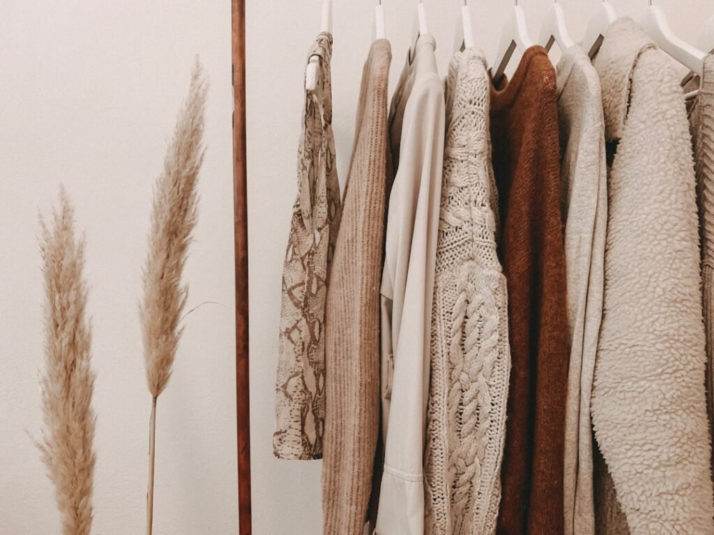Stylish clothing on a rack while shopping
